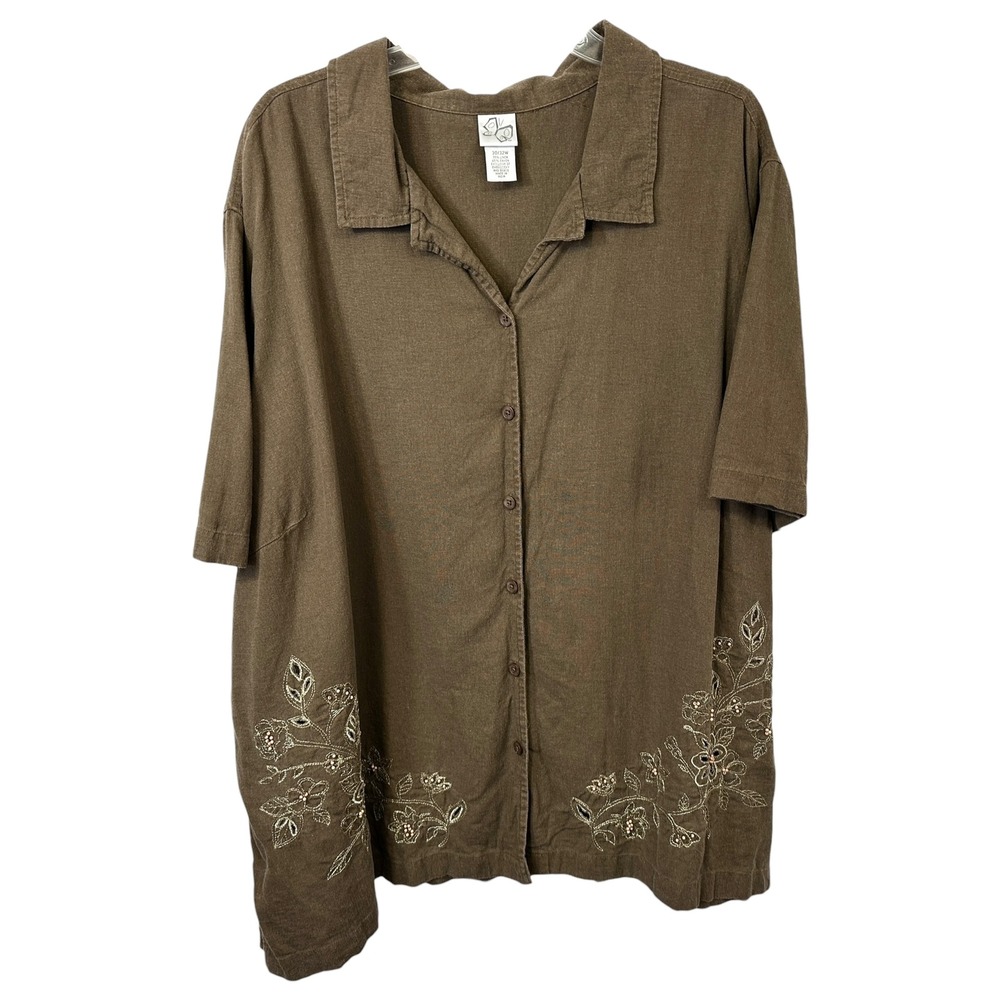Fashion Bug Plus Size 30/32W Top Brown Linen Embroidered Floral Button Down 676‎